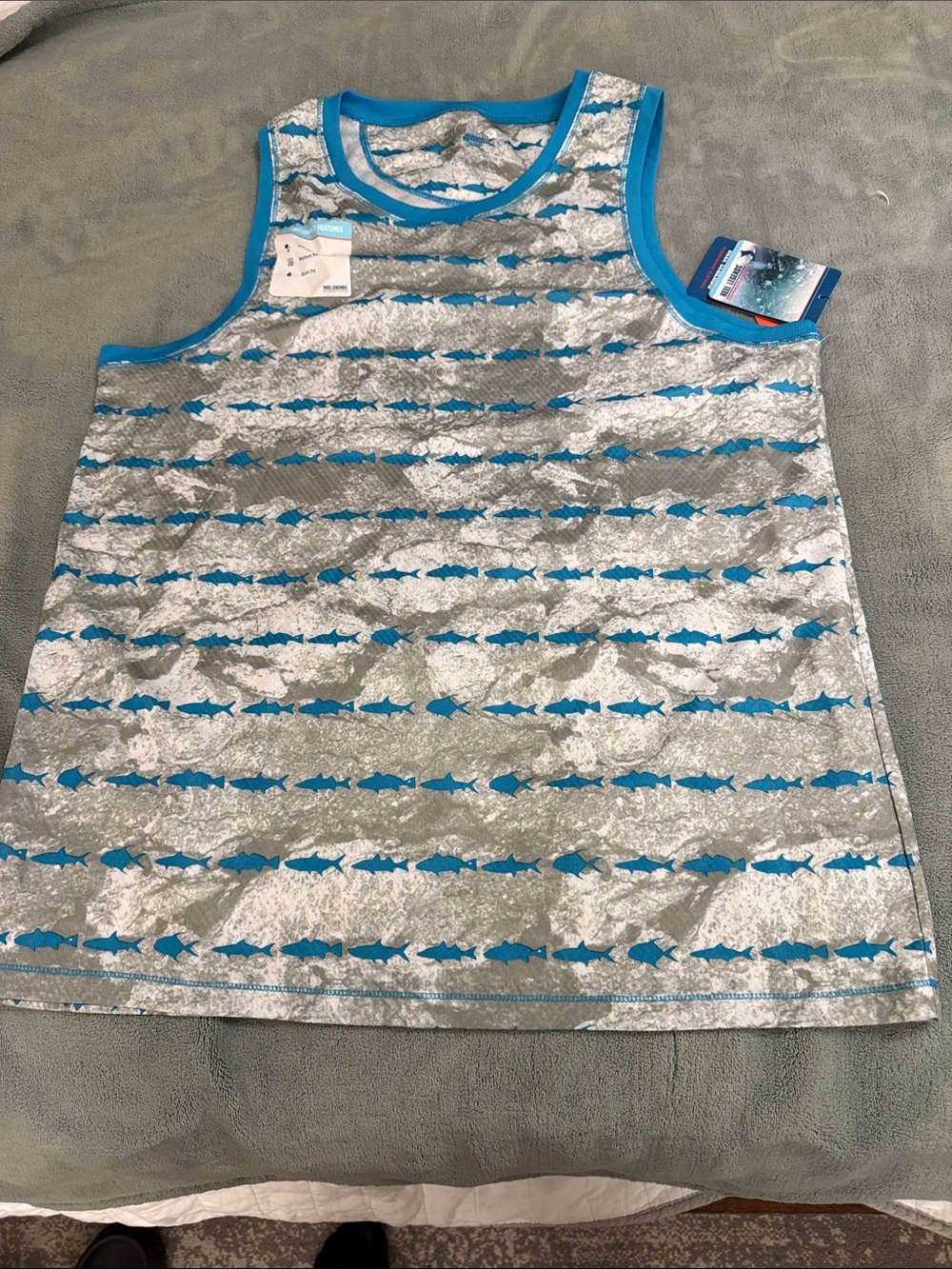 Reel Legends Turquoise & Gray Fish Stripe Kids Tank